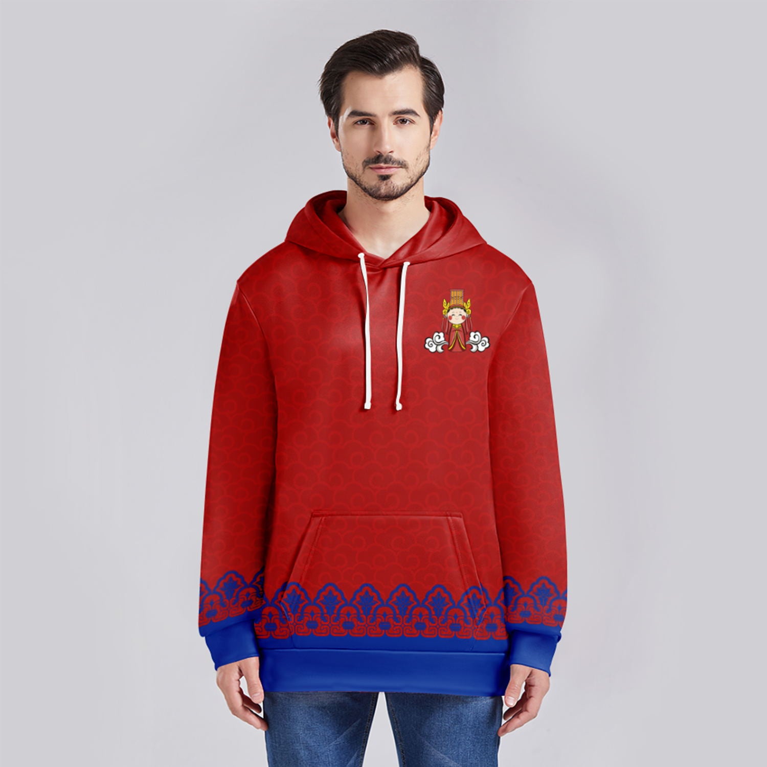 个性定制打印Logo中国莆田特色妈祖文化主题男女同款连帽衫外套红蓝色YW045-2306021-3