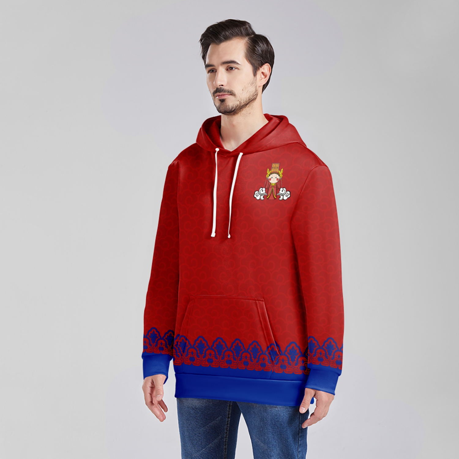 个性定制打印Logo中国莆田特色妈祖文化主题男女同款连帽衫外套红蓝色YW045-2306021-4