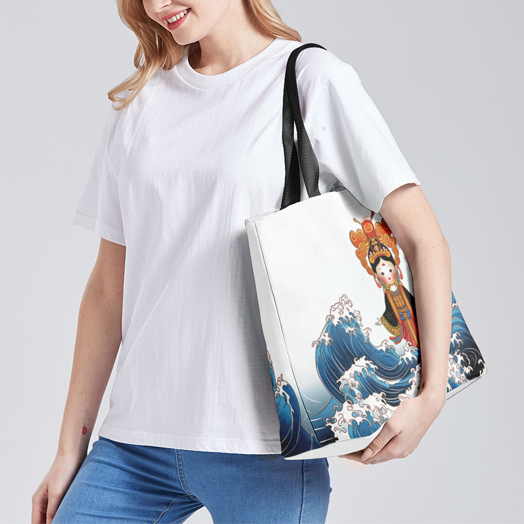 定制打印Logo个性设计中国莆田特色妈祖文化主题女士手提包白蓝色YW202-23023006-8